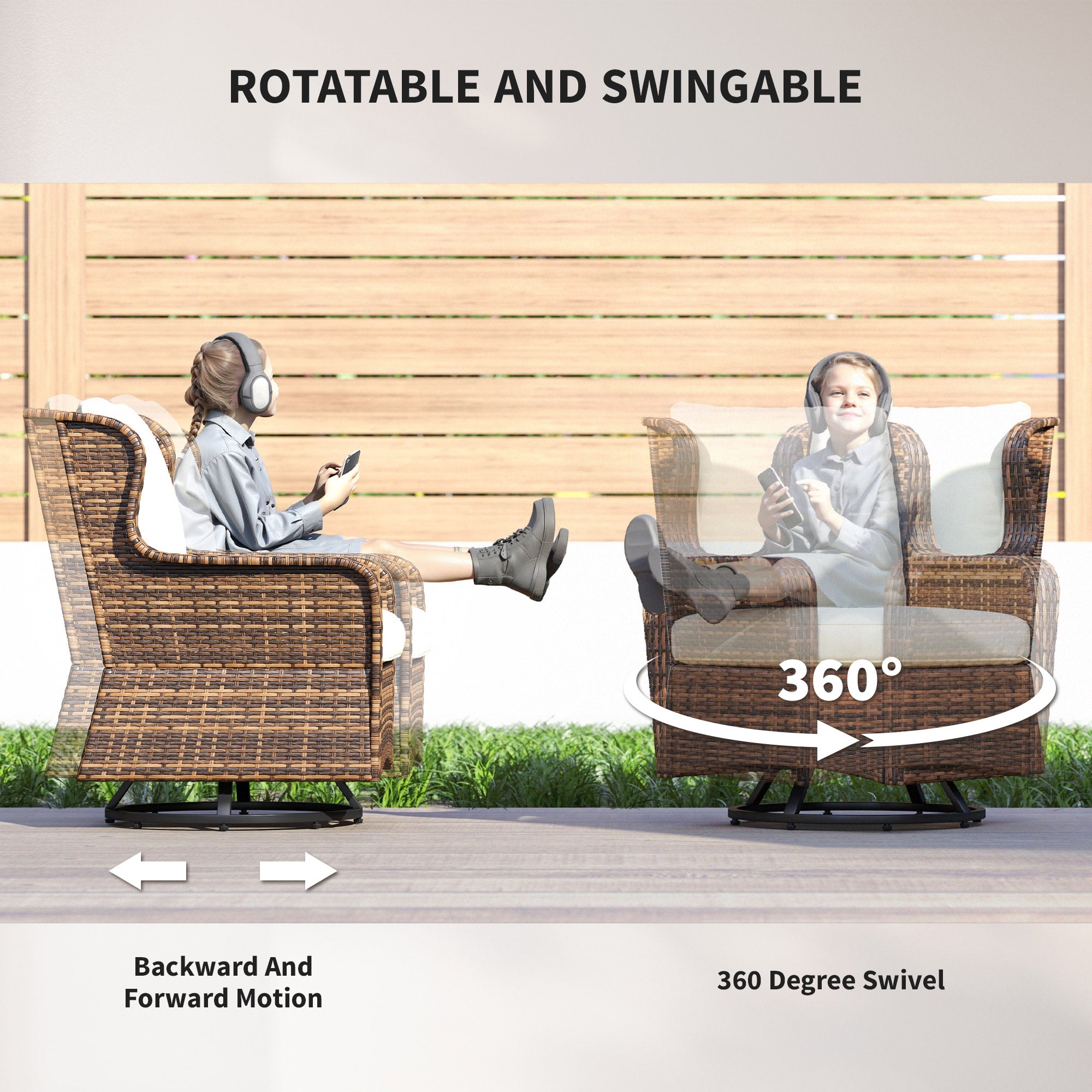 4 Piece Rattan Patio Furniture Set, Conversation Set with Swivel Glider Chairs Table Loveseat for Garden, Patio, Cream