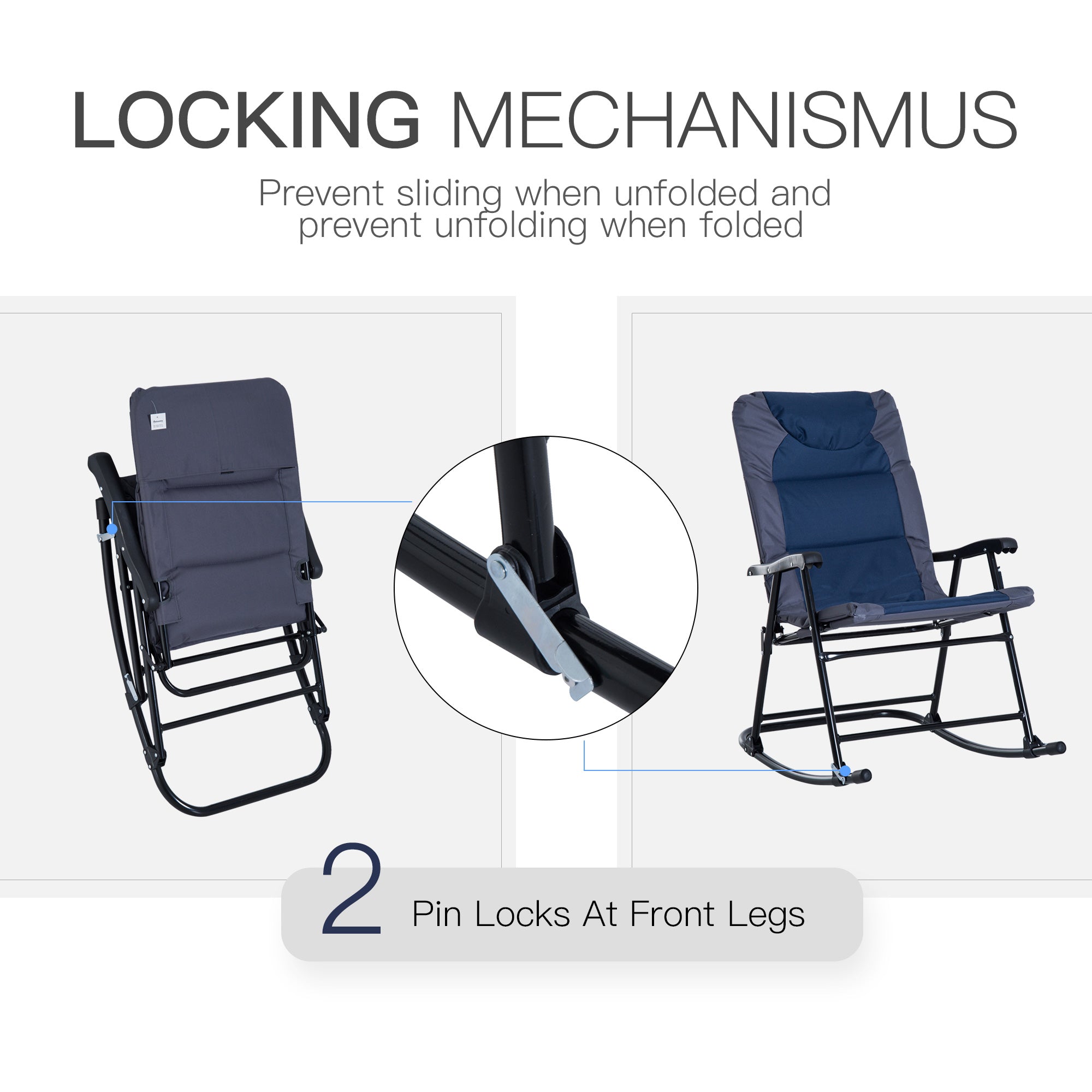 2 Piece Outdoor Patio Furniture Set With 2 Folding Padded Rocking Chairs, Bistro Style For Porch, Camping, Balcony, Navy Blue