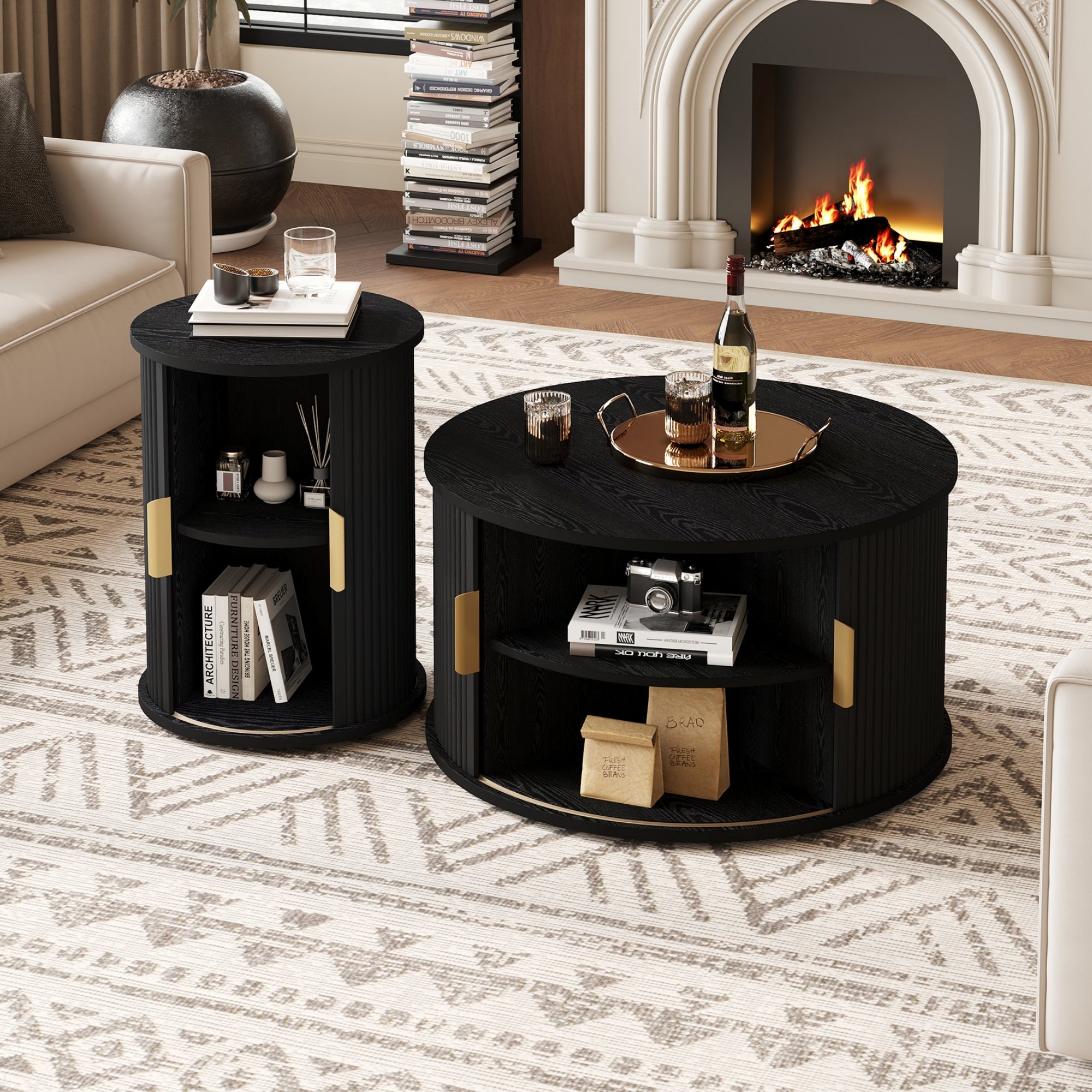 Mid-Century Coffee Table Set With Sliding Tambour Door, Round Fluted End Table With Storage, Golden Handle Tall & Low Side Table With Wooden Finish For Living Room, Set Of Two, Black