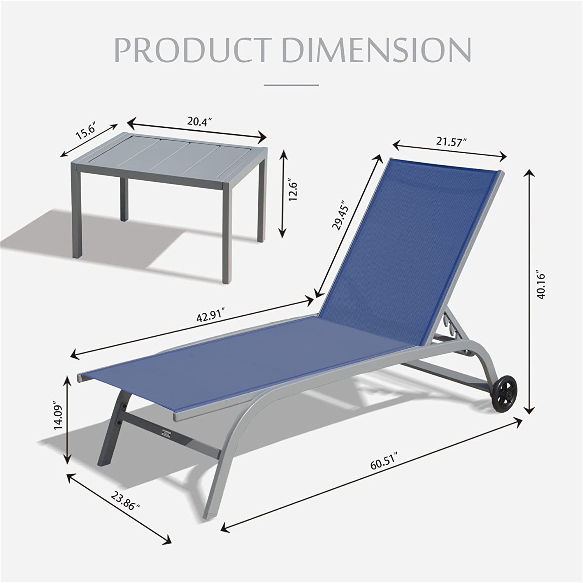 Chaise Lounge Outdoor Set Of 3, Lounge Chairs For Outside With Wheels, Outdoor Lounge Chairs With 5 Adjustable Position, Pool Lounge Chairs For Patio, Beach Blue, 2 Lounge Chairs 1 Table