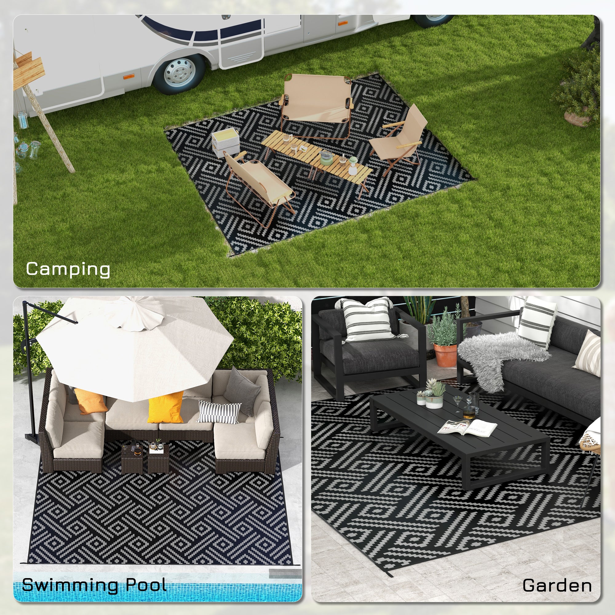 Reversible Outdoor Rug Carpet RV Camping Rugs with Carry Bag, 9' x 12', Black & Gray Geometric