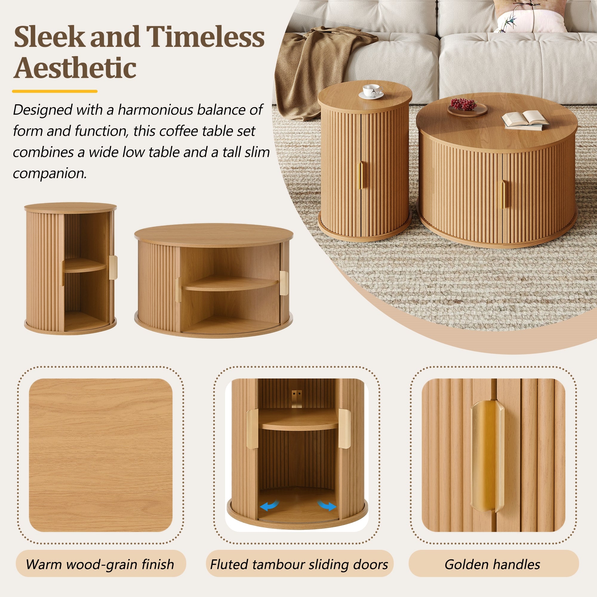 Mid-Century Coffee Table Set With Sliding Tambour Door, Round Fluted End Table With Storage, Golden Handle Tall & Low Side Table With Wooden Finish For Living Room, Set Of Two ,Natural
