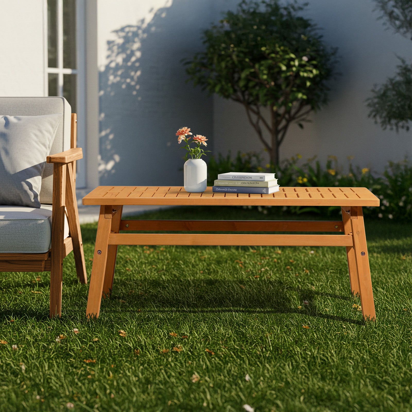 Outdoor Wood Coffee Table, 42inch Farmhouse Side Table For Patio, Solid Cedar Wood Accent Table With Slatted Tabletop For Garden Poolside Lawn Living Room, Teak Wood Finish
