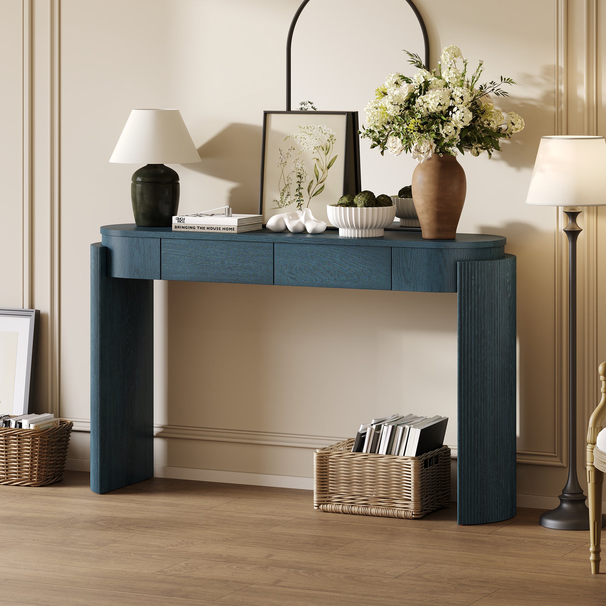TREXM Entryway Table With Natural Wood Grain Finish  Console Table With Fluted Design  Oval Top And 2 Drawers For Entryway And Living Room  Navy