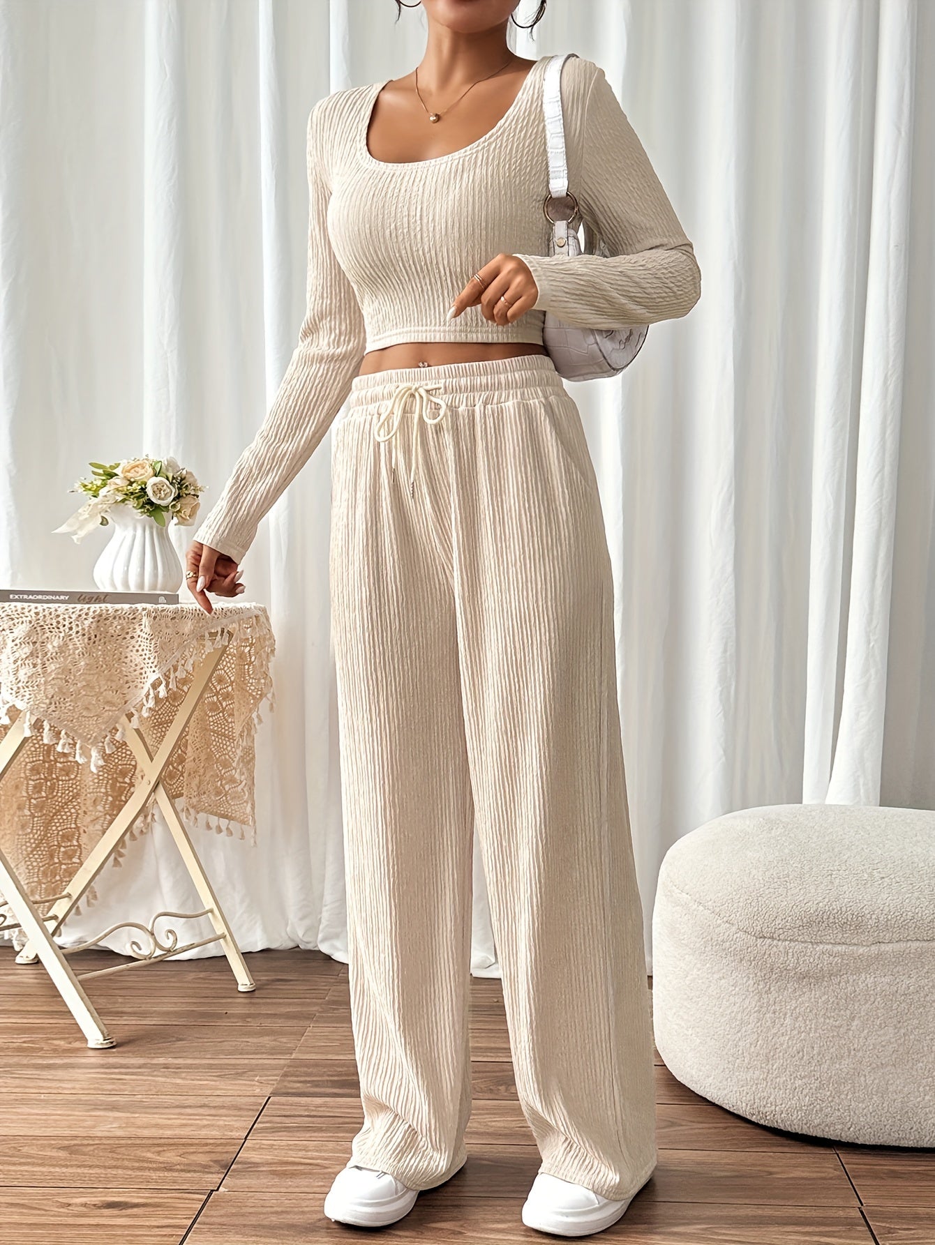 Textured Solid Color Casual Pantsuits, Long Sleeve Scoop Neck Backless Crop Top & Drawstring Waist Pocket Wide Leg Pants Outfits, Women's Clothing