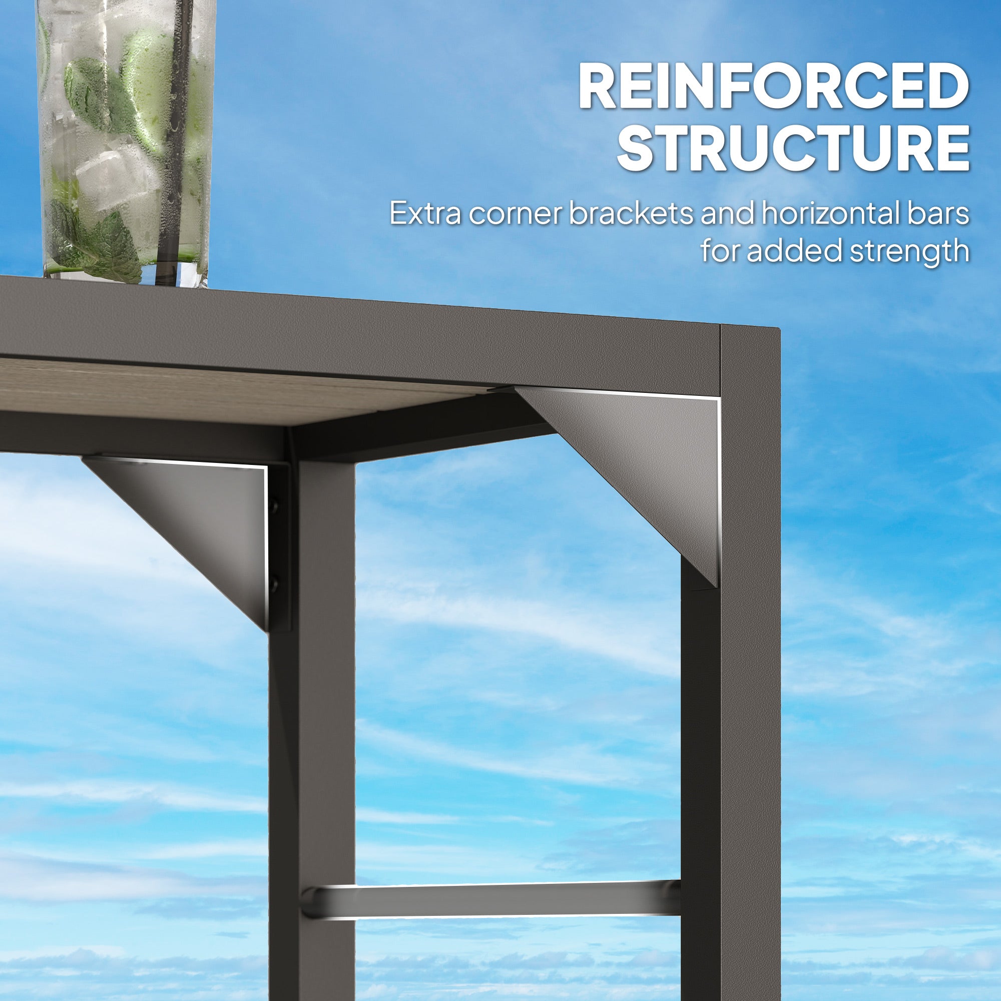 Outdoor Bar Table, Bar Height Patio Bar Table w/ Built-In Bottle Opener, Plastic Top with Wood Grain, 47.25" x 15" x 39"