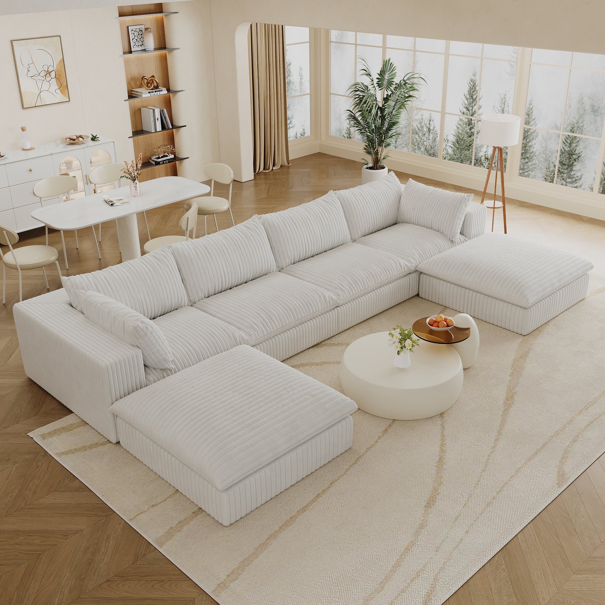 157.6Cloud Sofa,Corduroy Fabric,Deep Seat Couches,Double-layer Design,Removable  Cushion,No Assembly,DIY Combination For Living Room, Bedroom,Conference Room ,Apartment,White