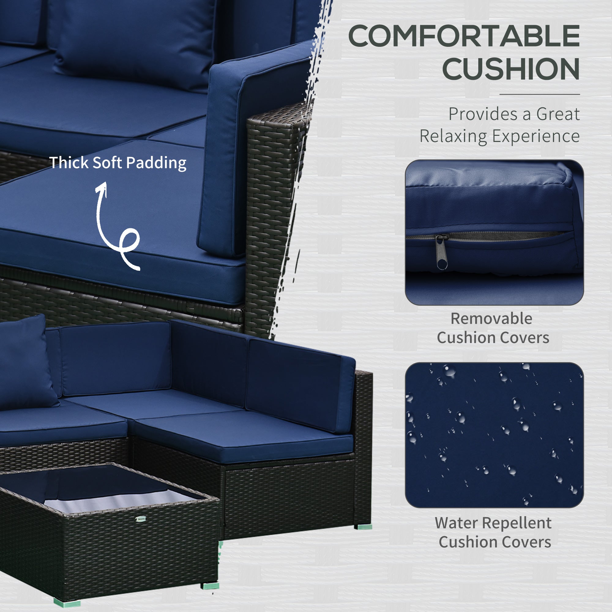 7-Piece Outdoor Wicker Patio Set, Tempered Glass Coffee Table, Cushions, for Family Backyard, Dark Blue