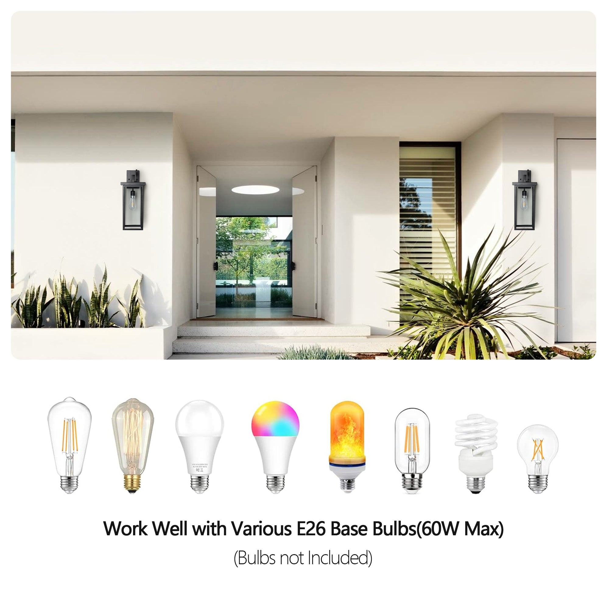 20  H  Set Of 2 Modern Outdoor Wall Lanterns With Black Metal Frame And Clear Glass, Ambient Light Sensors,Weatherproof Wall Sconces For Porch, Garage, Or Entryway Lighting, E26 Bulb Compatible