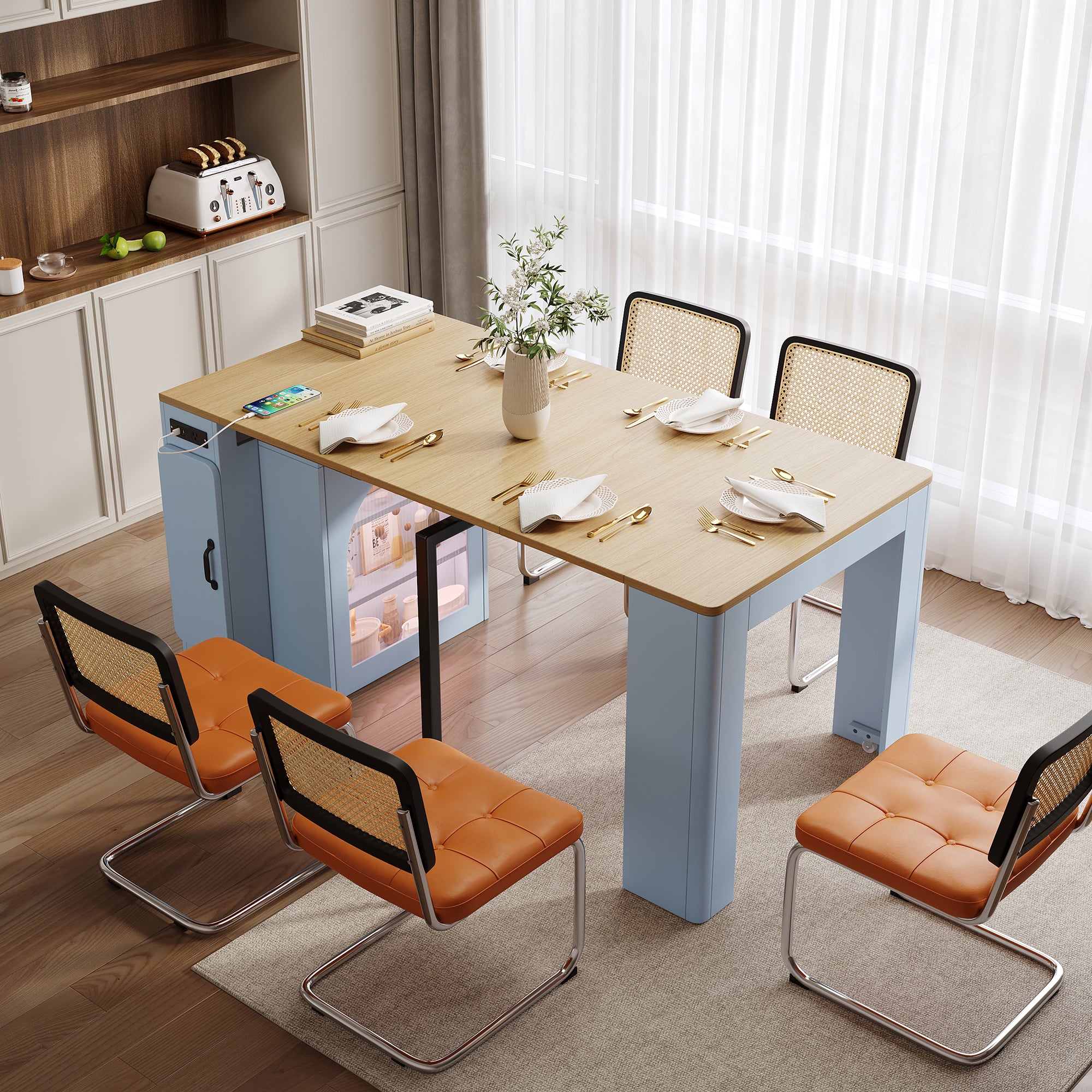TREXM Extendable Dining Table With 3 Removable Middle Leaves  Mobile Rolling Island Table With Power Outlet  Saving-space Cabinet With Storage For Dining Room And Living Room  GREY BLUE AND NATURAL