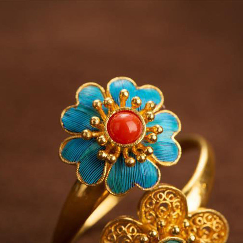 Natural Red Agate Ring Double Flower Hetian Jade Women's Ring Vintage Court Style