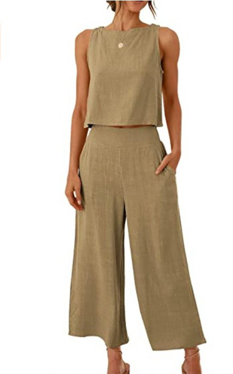 Sleeveless Vest Cropped Wide-leg Pants Suit