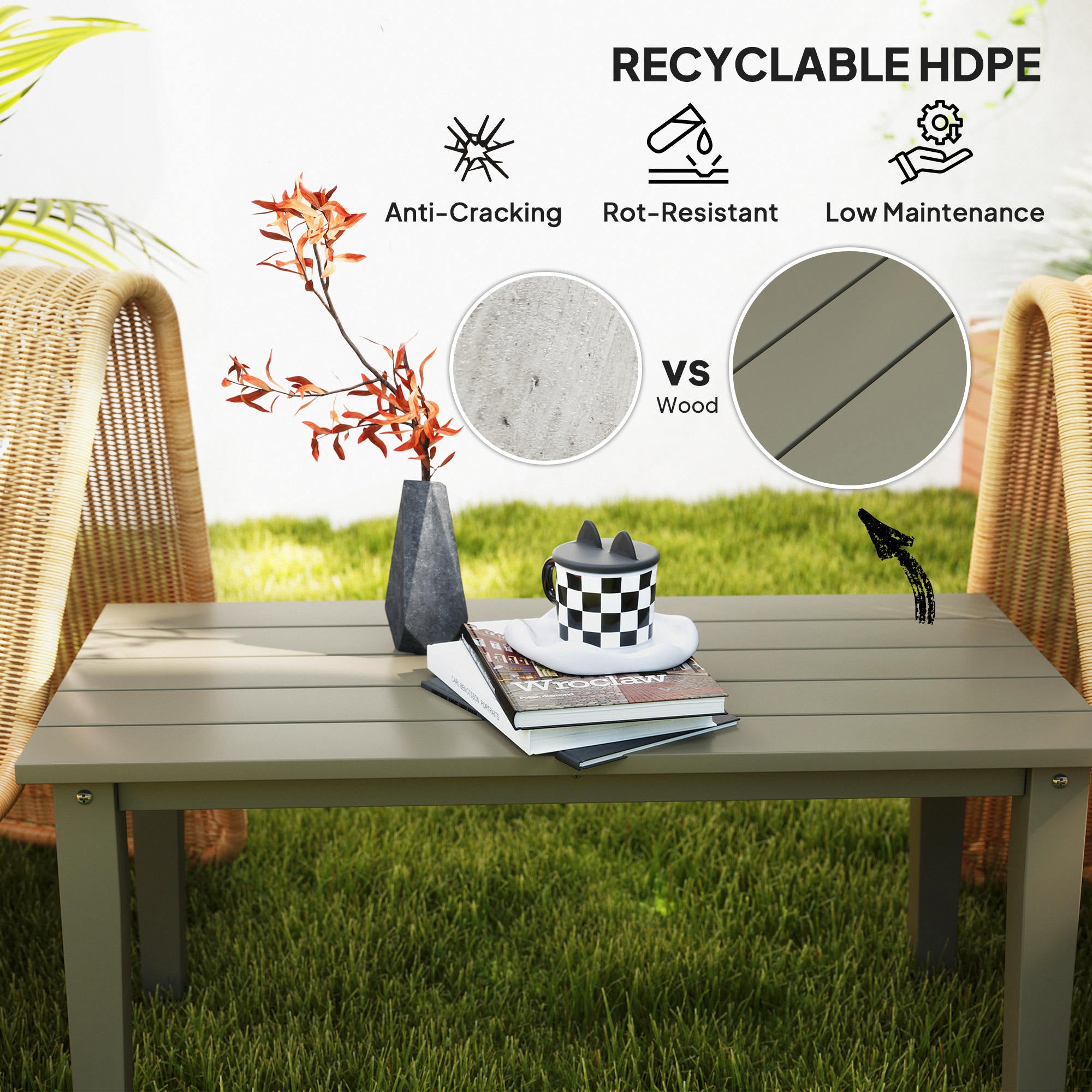Rectangle Outdoor Coffee Table, HDPE All-Weather Outdoor Patio Table with Slatted Tabletop for Yard, Balcony, Brown