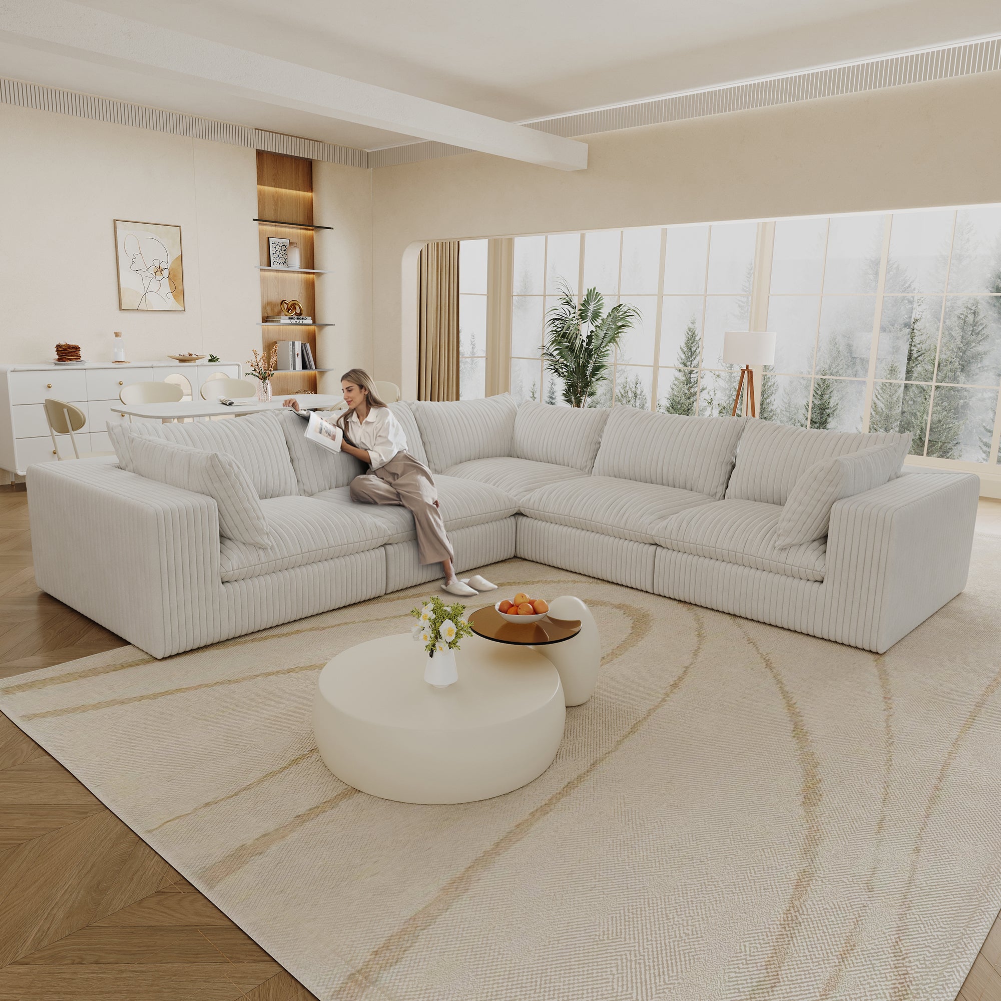 118.2 Cloud Sofa,Corduroy Fabric,Deep Seat Couches,Double-layer Design,Removable Cushion,No Assembly, DIY Combination For Living Room, Bedroom,Conference Room ,Apartment,WHITE