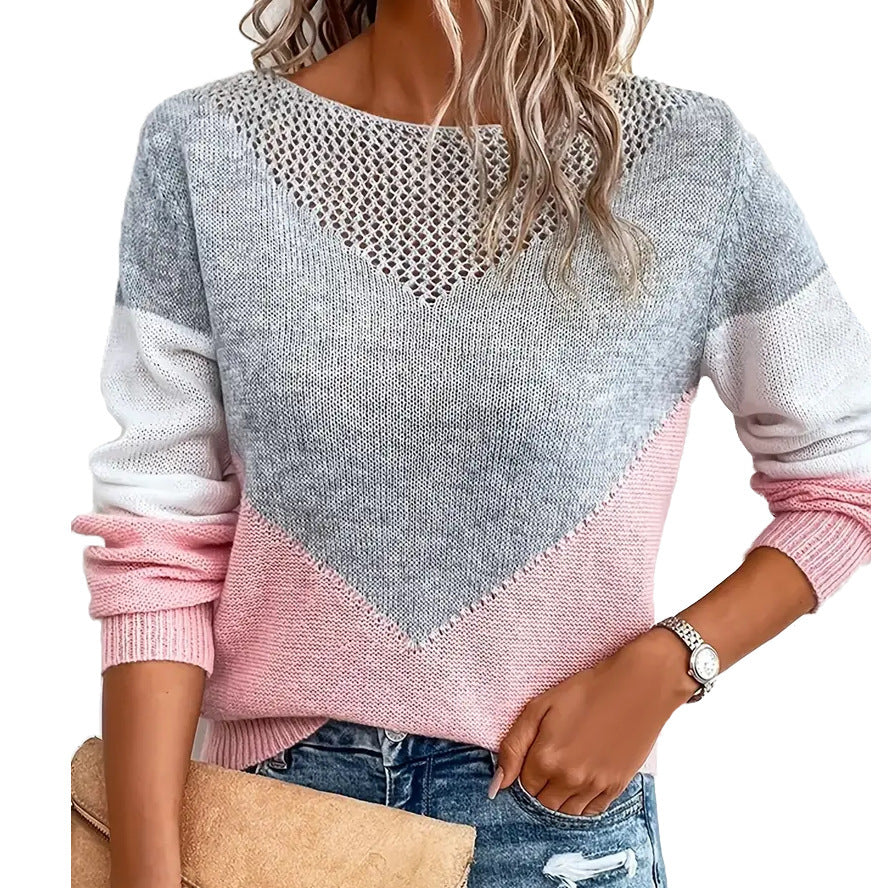 Hollow-out Spliced Casual Contrast Color Crew Neck Pullover Sweater