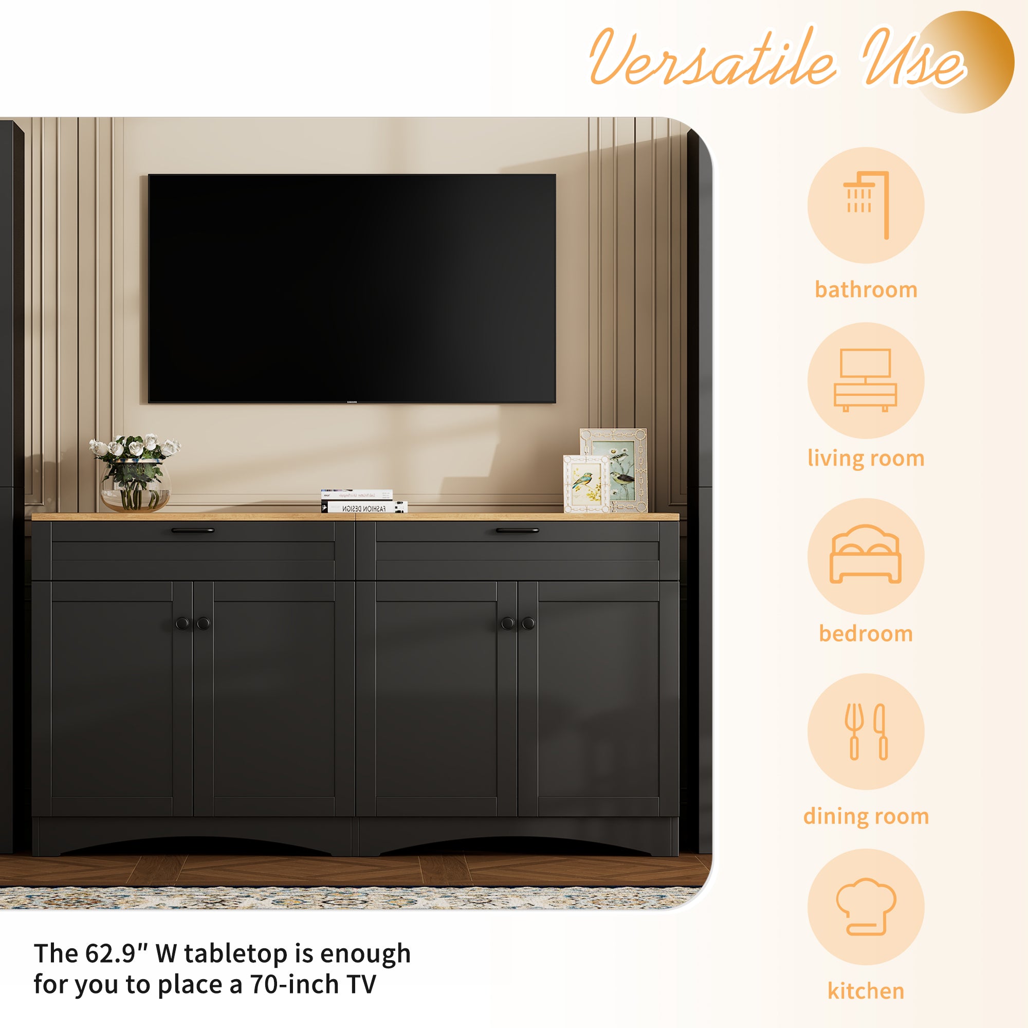 ON-TREND 3-Piece Farmhouse Entertainment Center With Storage Cabinet For TVs Up To 70, Mid-Century TV Stand With Bookshelf, Rustic Versatile Sideboard With Adjustable Shelves For Living Room, Black