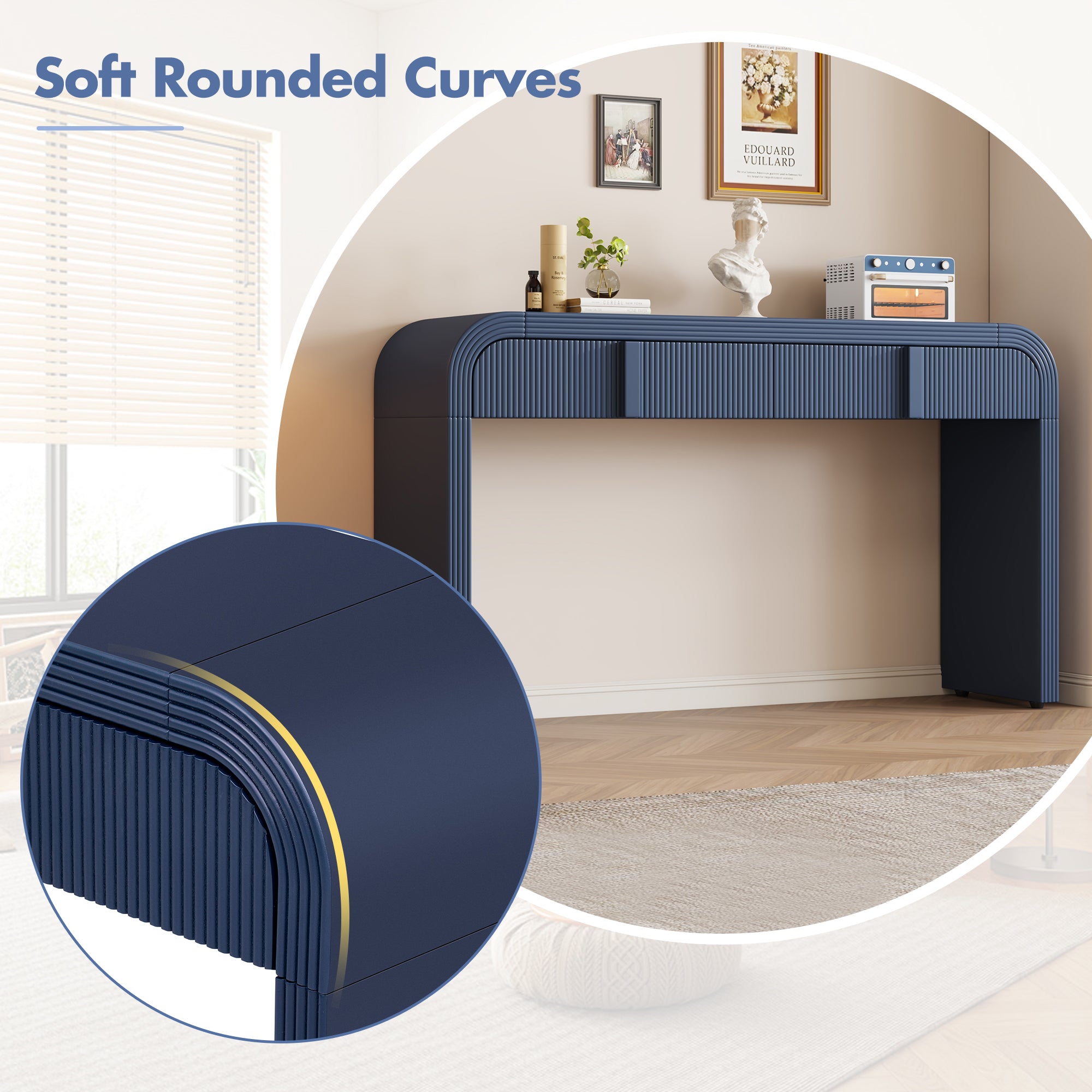 TREXM Modern Console Table With 2 Storage Drawers  Fluted Entryway Table With Rounded Silhouette For Hallway Living Room And Entryway  Navy Blue