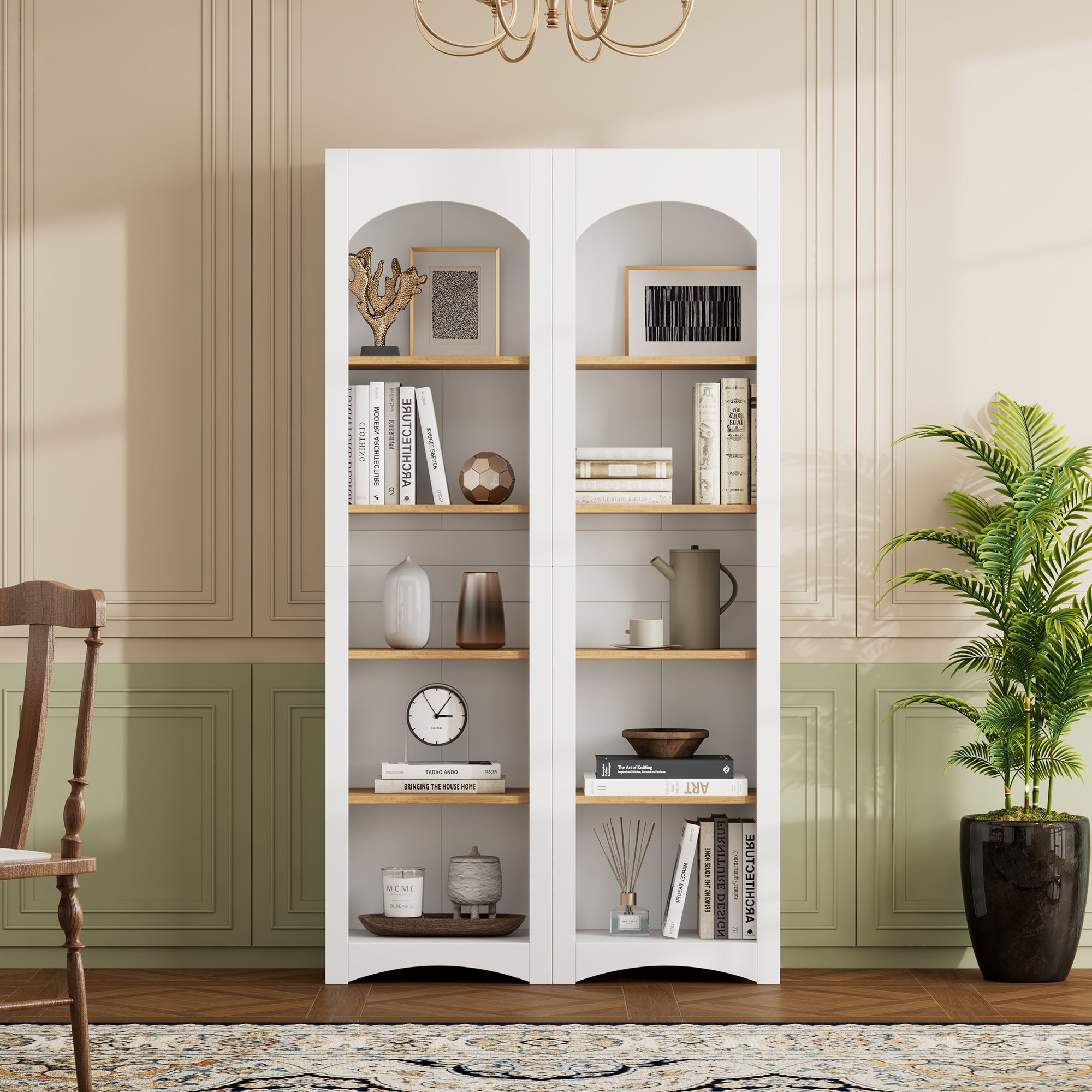 ON-TREND Free Standing 5 Tier Bookshelves, Bookcases Set Of 2, Farmhouse Two-Tone Storage Cabinet With Adjustable Shelves, Modern 72H Kitchen Pantry Cabinet For Living Room, Home Office, White