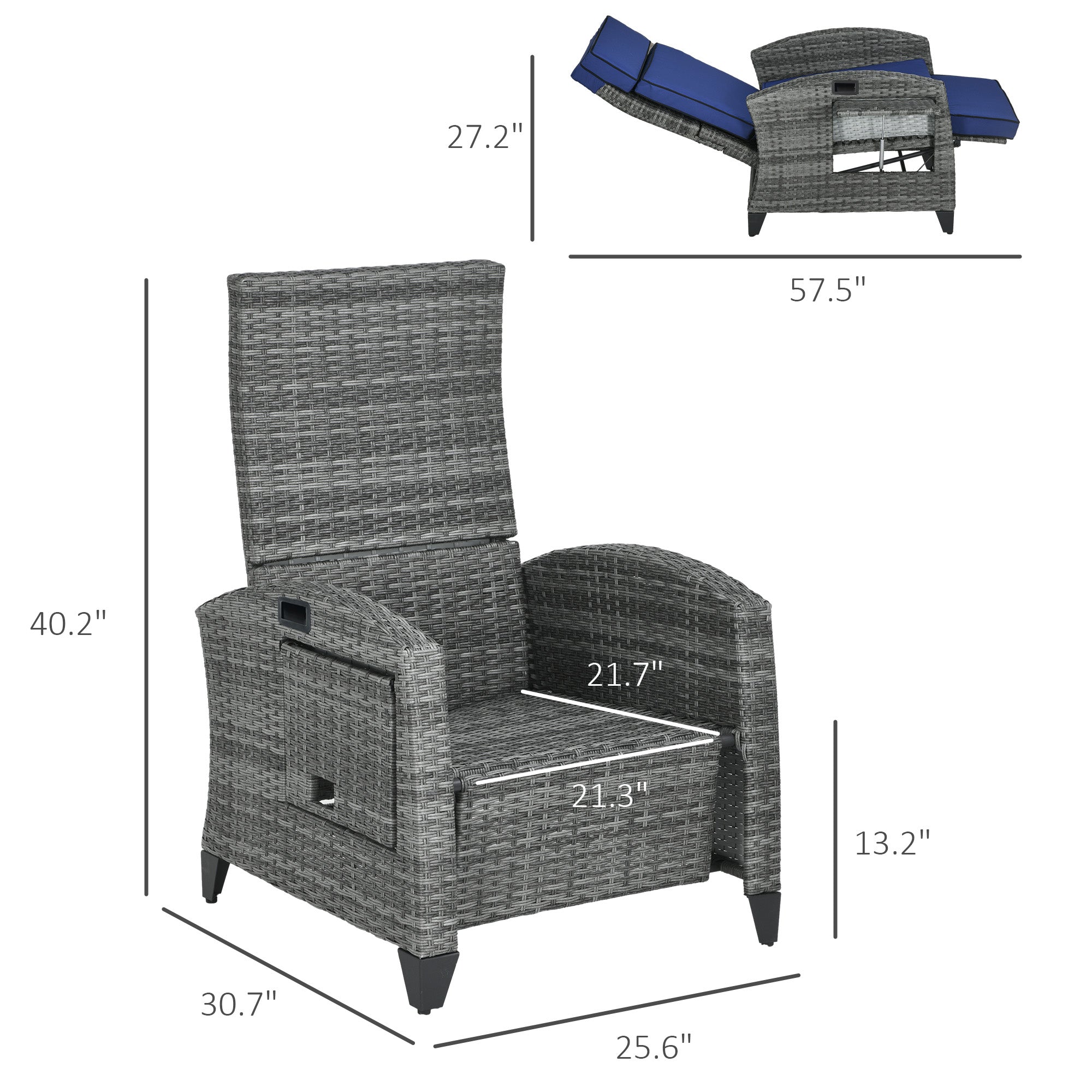 Outdoor Recliner Chair with Cushions, Reclining Patio Lounge Chair with Adjustable Footrest, Armrests, Tray Table, Blue