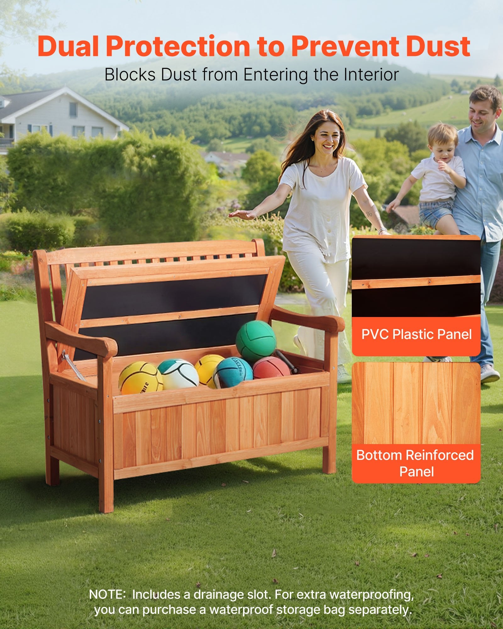 33 Gal Outdoor Wood Storage Bench Deck Box Waterproof 2-Person Outdoor Seating