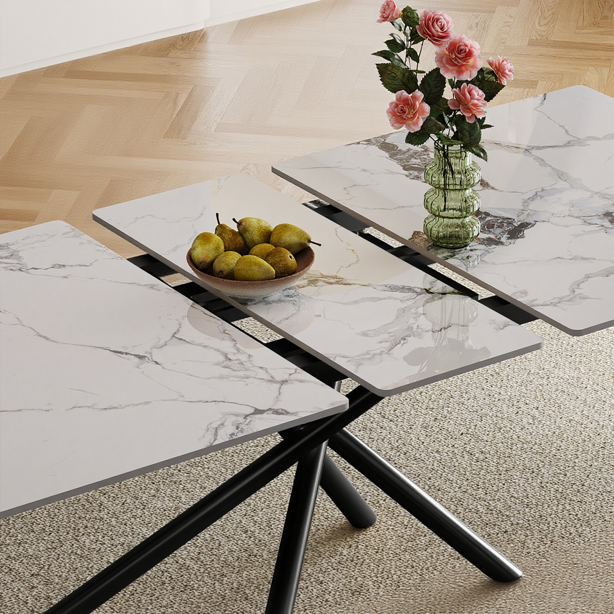 59-inch Modern Rectangle Expandable Dining Table With Retractable Leaf  Sintered Stone Top & Black Carbon Steel X-Base  Sturdy 4-6 Person Table For Small Apartments  Kitchen  Dining Room