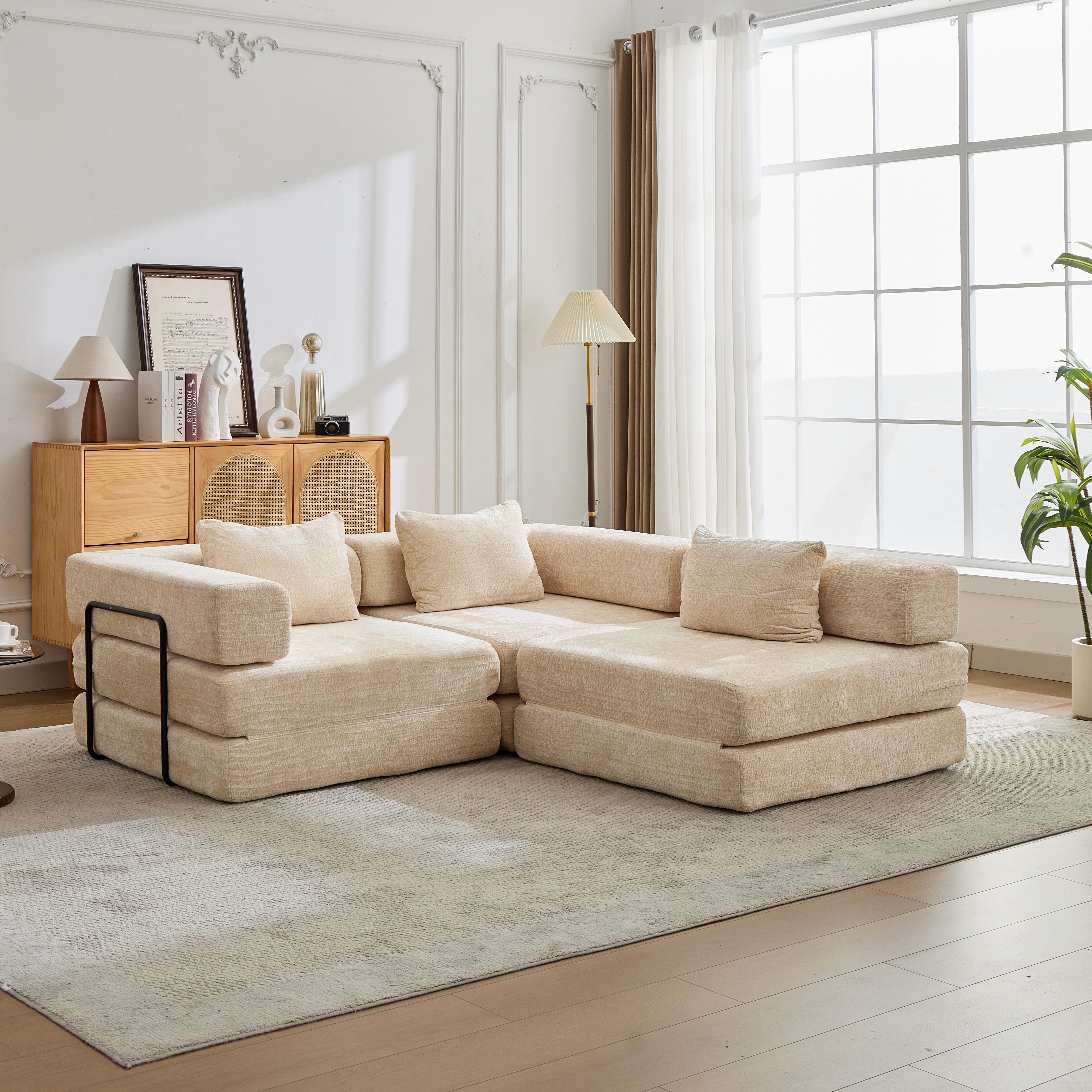 Compression Sofa,Convertible Floor Sofa Bed With Fixed-Shape Frame, Boneless Modular Sectional Sofa,No Assembly Required,Chenille Fabric,for Living Room Bedroom,Beige