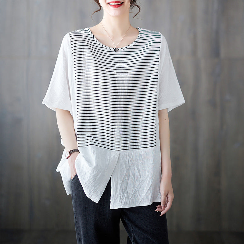 Cotton And Linen Plus Size Women's Clothing Short-sleeved T-shirt Loose Striped Stitching