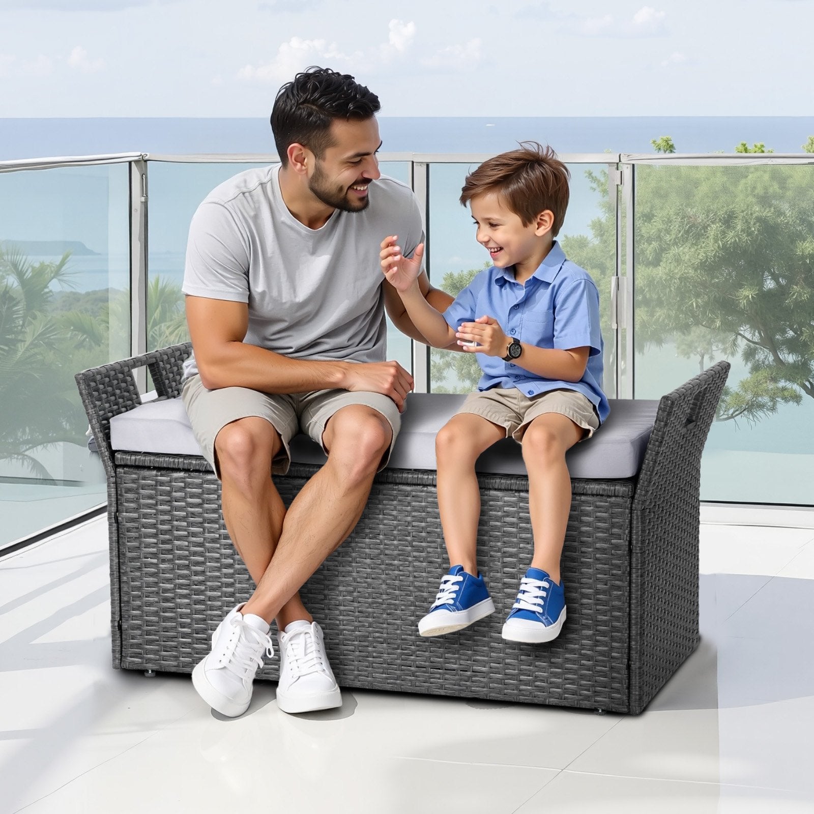 Outdoor Storage Bench PE Rattan 40Gal Deck Box Waterproof Outdoor Seat & Storage
