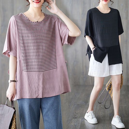 Cotton And Linen Plus Size Women's Clothing Short-sleeved T-shirt Loose Striped Stitching