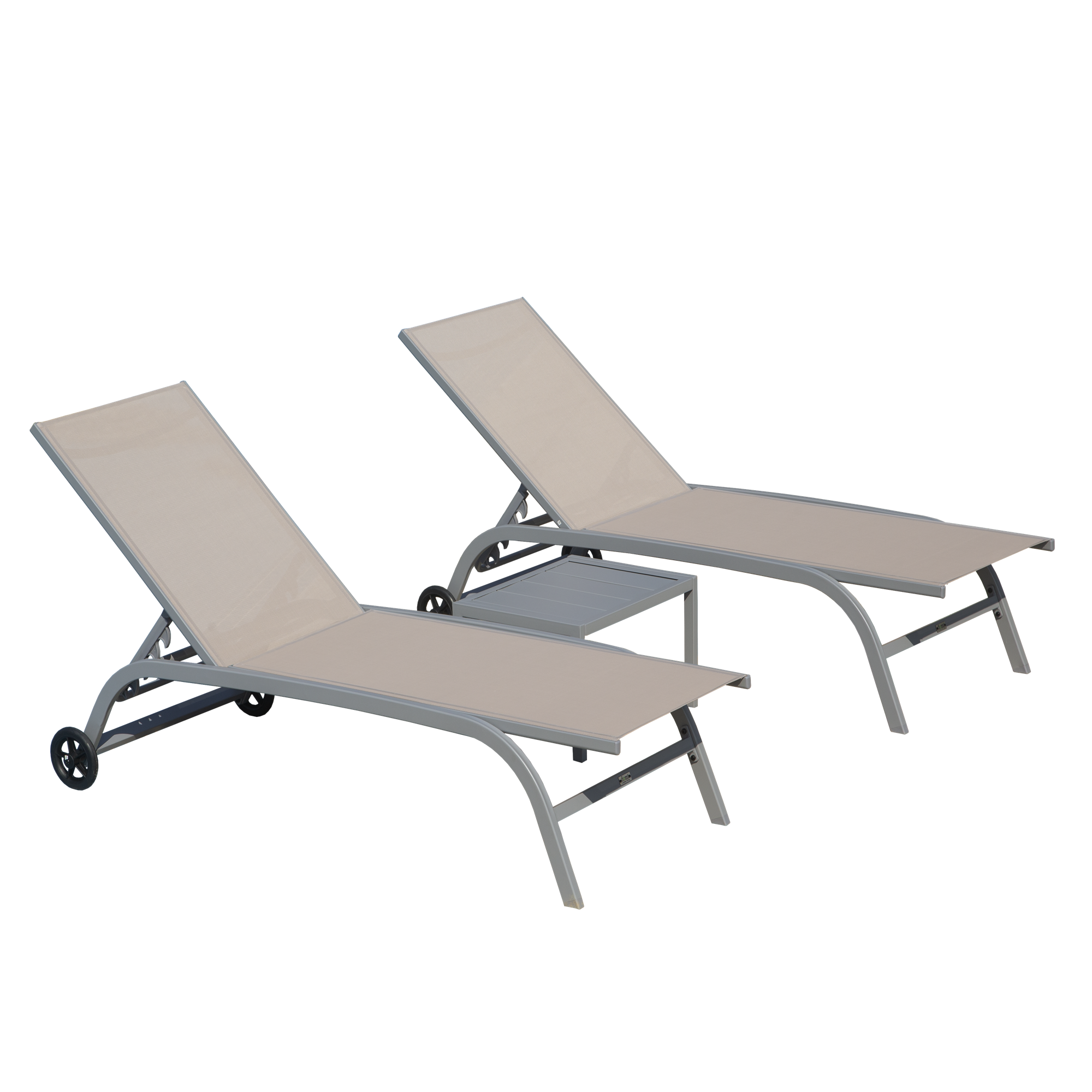 Chaise Lounge Outdoor Set Of 3, Lounge Chairs For Outside With Wheels, Outdoor Lounge Chairs With 5 Adjustable Position, Pool Lounge Chairs For Patio, Beach  Khaki,2 Lounge Chairs 1 Table