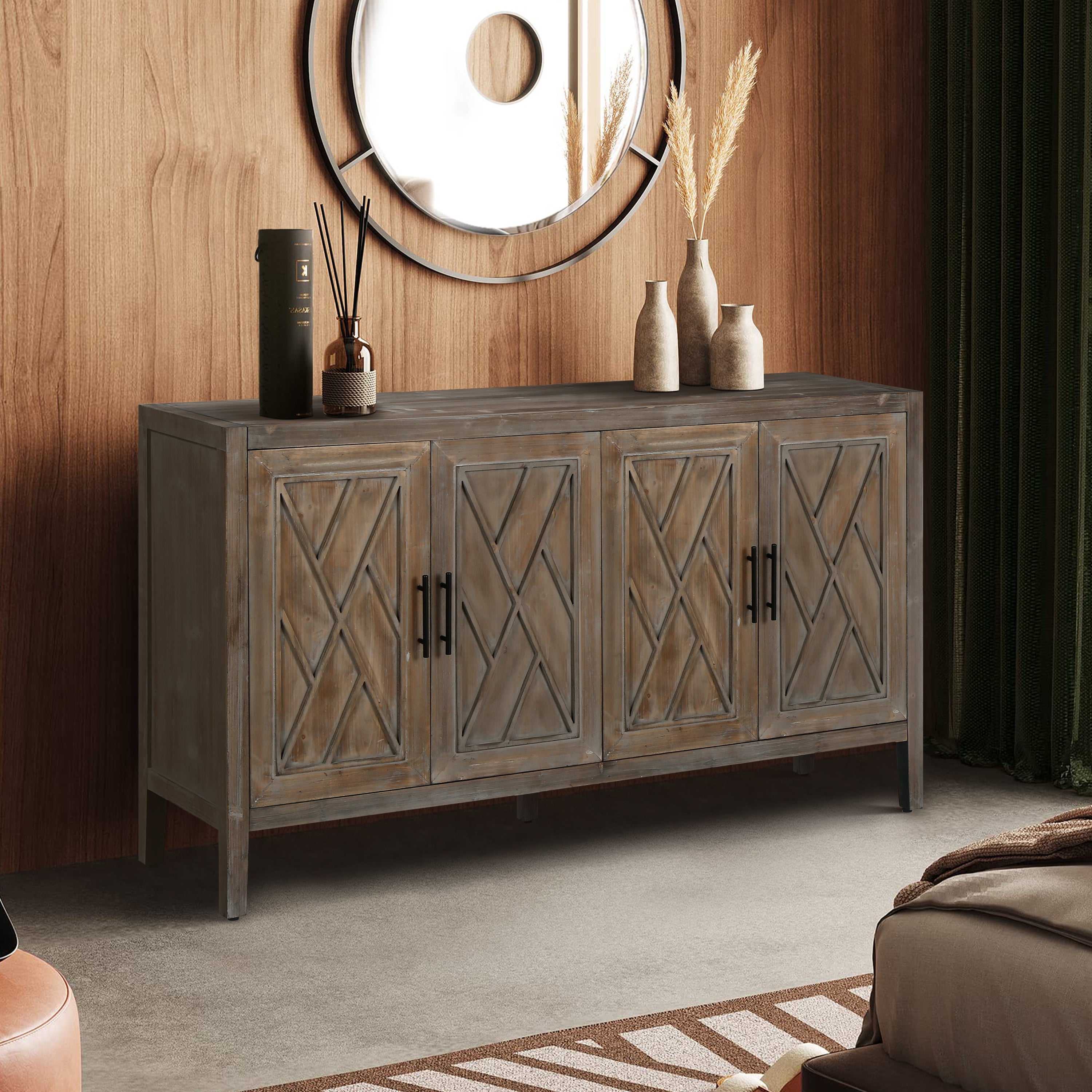 60 Inches Modern Farmhouse Accent Cabinet With 4 Doors And Adjustable Shelf Wood Sideboard Buffet Cabinet Console Table Credenza Buffet Table For Kitchen Dining Room Entryway Hallway Antique Brown