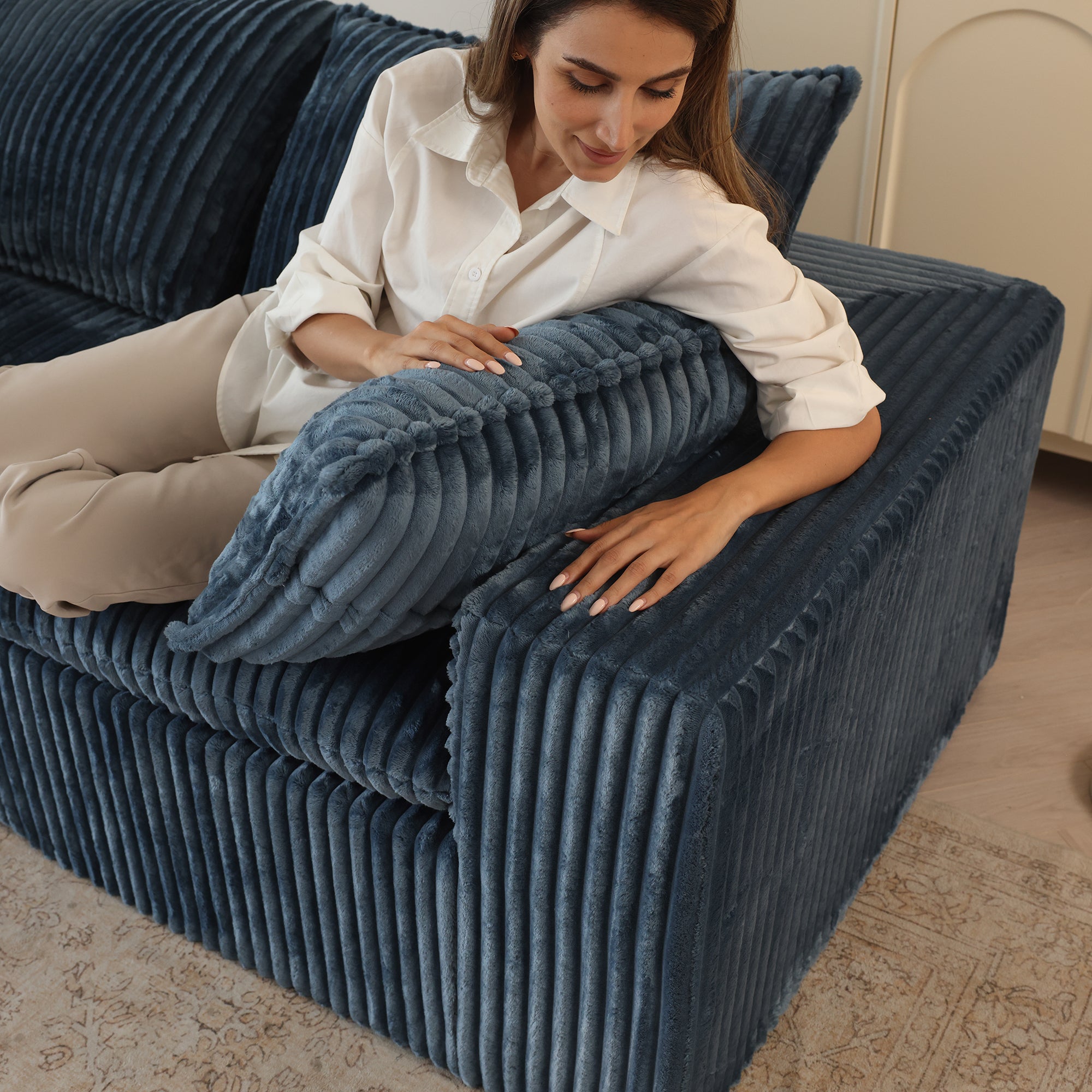 157.6Cloud Sofa,Corduroy Fabric,Deep Seat Couches,Double-layer Design,Removable  Cushion,No Assembly,DIY Combination For Living Room, Bedroom,Conference Room ,Apartment,Blue