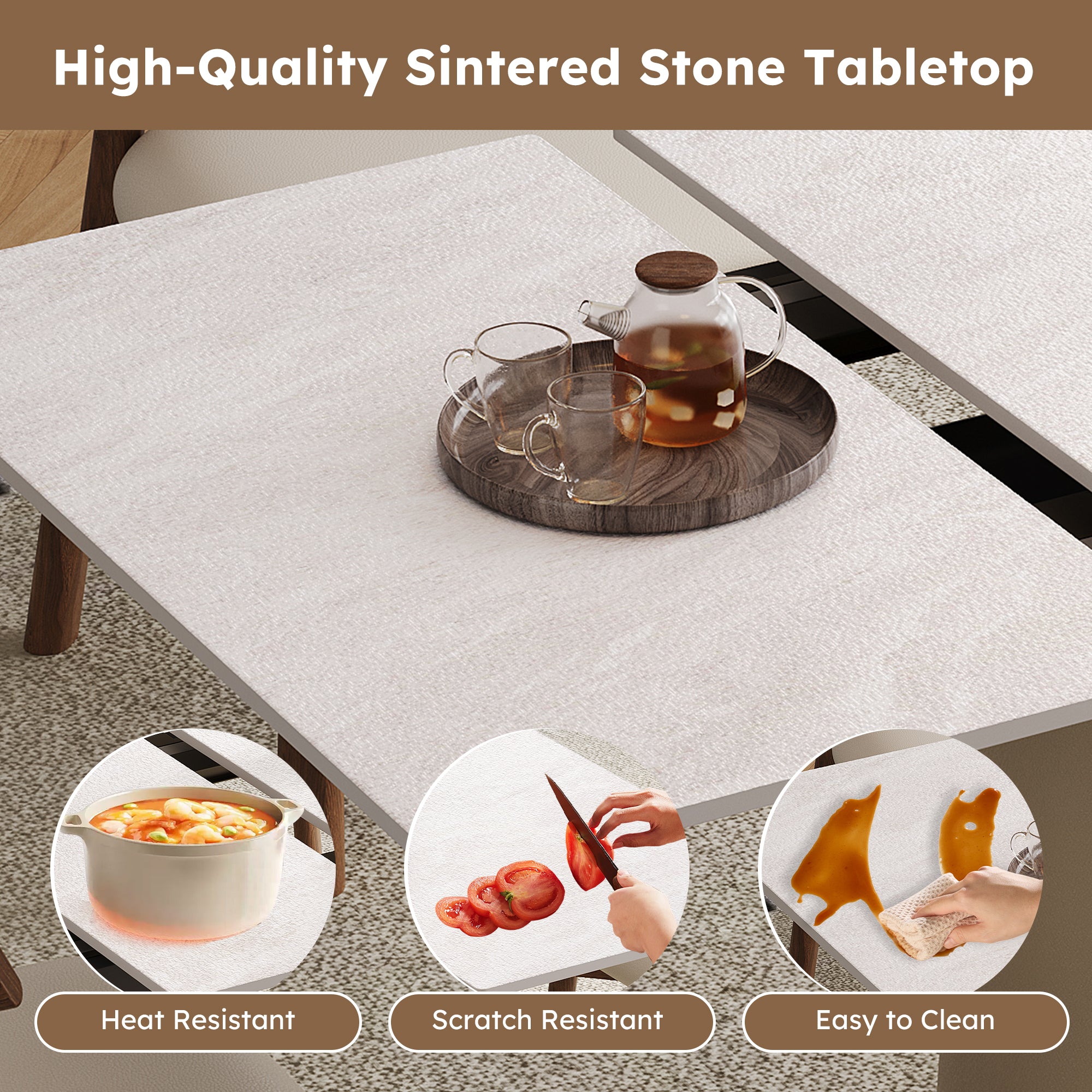 Retractable Rock Slab Dining Table Set  Modern 7-Piece Expandable Table With 6 Wooden Leg Chairs & Leather-Wrapped Base  Space Saving Kitchen Set For Small Apartments