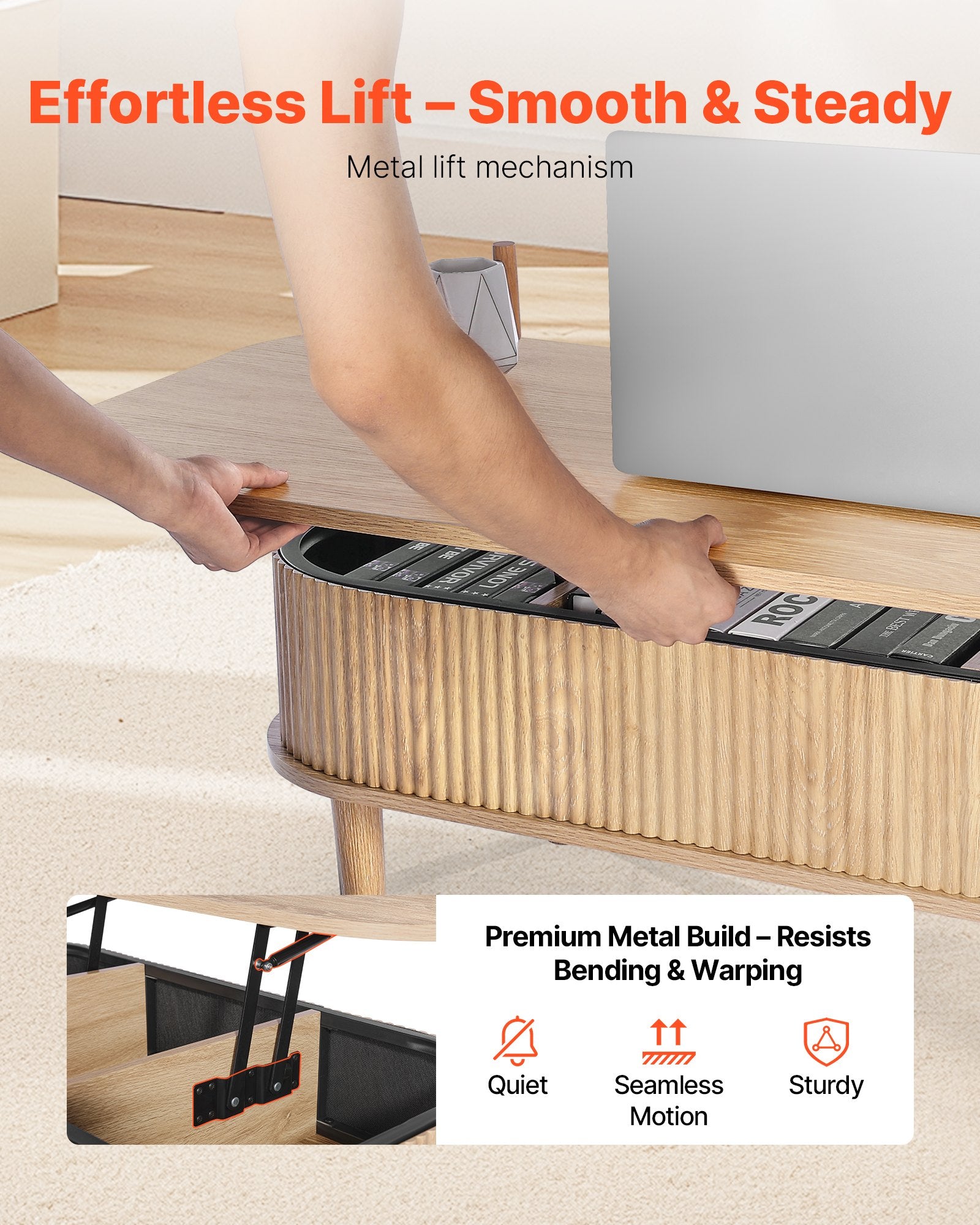 39.4 In Lift Top Coffee Table, Fluted Oval Coffee Table With 3 Hidden Compartment, Mid Century Wooden Oval Center Desk With Storage, Lift Up Tabletop For Home & Office, Easy Assembly, Burlywood