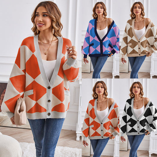 V-neck Rhombus Plaid Patchwork Knitting Cardigan Coat For Women