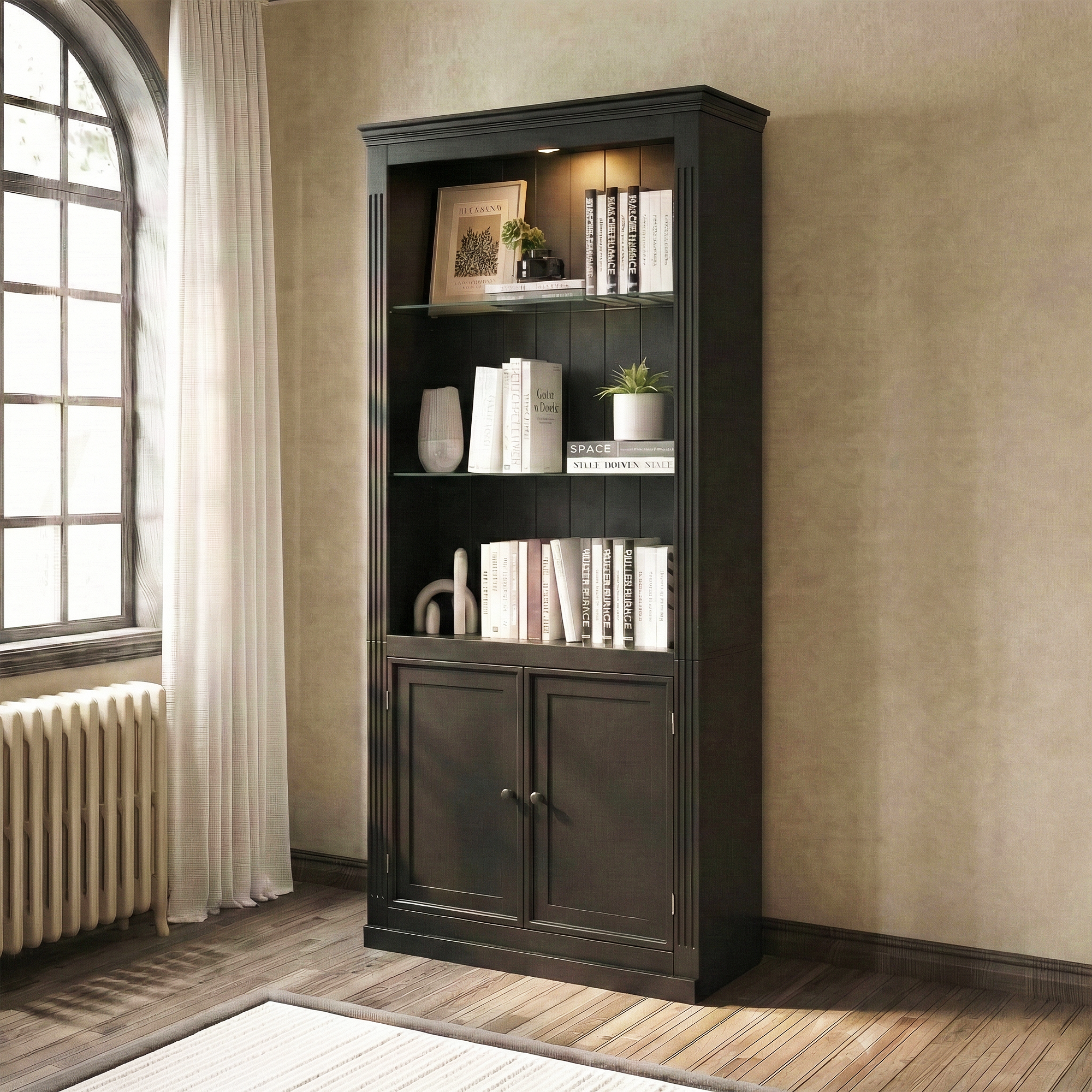 78.75 H 4-Tier Display Shelf, With 5-Colors Dimmable Ceiling Light, Freestanding Farmhouse Bookcases With Storage & Doors, Bookshelf With Adjustable Glass Shelves For Home & Office - Black