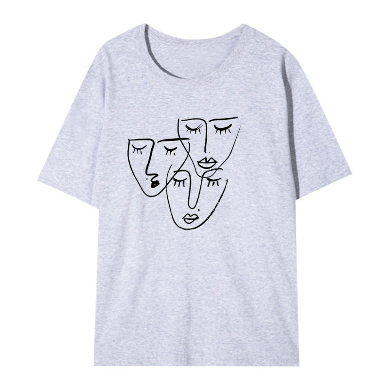 Women's Loose Printed T-shirt With Characteristic Line Face Mask