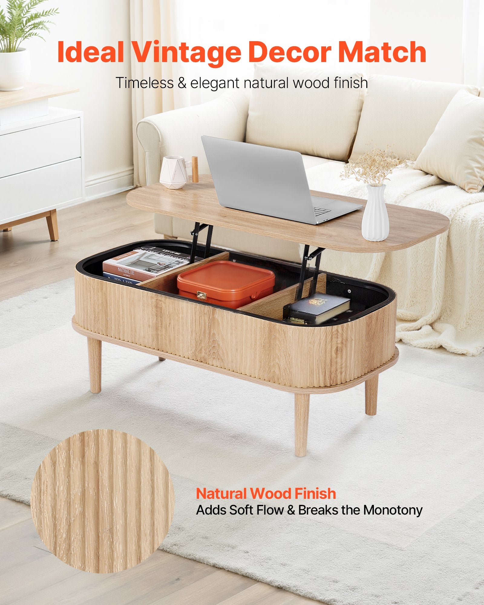39.4 In Lift Top Coffee Table, Fluted Oval Coffee Table With 3 Hidden Compartment, Mid Century Wooden Oval Center Desk With Storage, Lift Up Tabletop For Home & Office, Easy Assembly, Burlywood