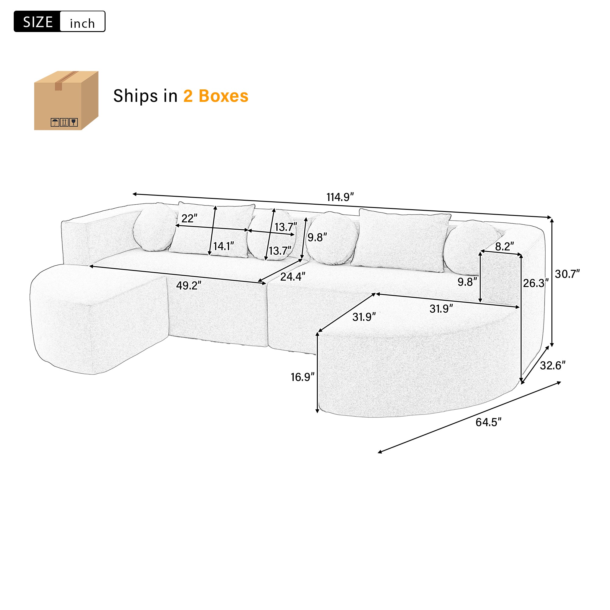 Boneless Couch Modular Sectional Sofa 114.9 Free-combined Sofa Couch Sofa Bed Compression Sofa With Deep Seating And Curved Design For Living Room, Grey