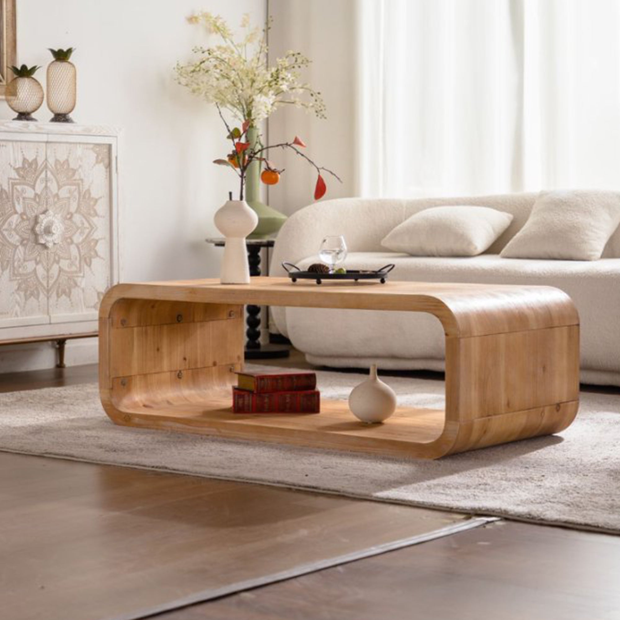 Modern Open-Frame Elegant Curved Light Wood Coffee Table With Open Storage For Contemporary Living Rooms