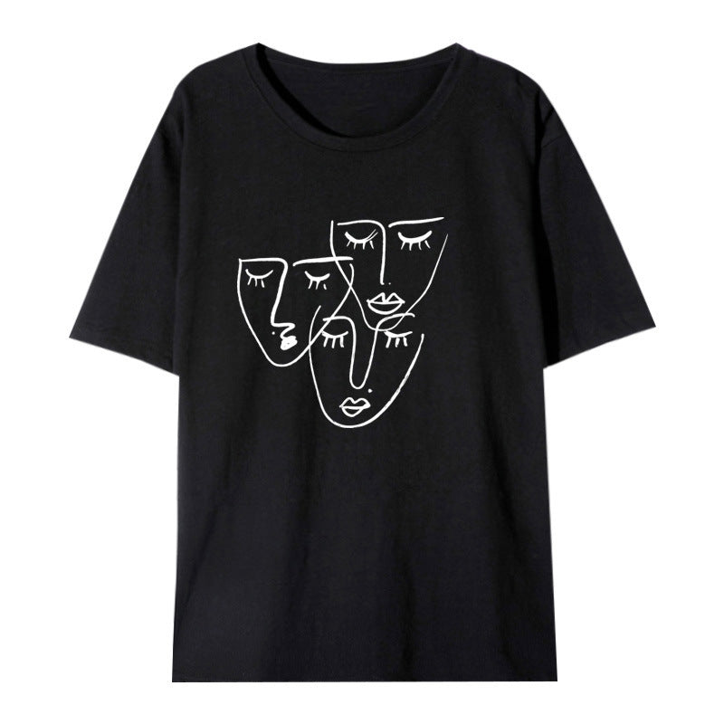 Women's Loose Printed T-shirt With Characteristic Line Face Mask