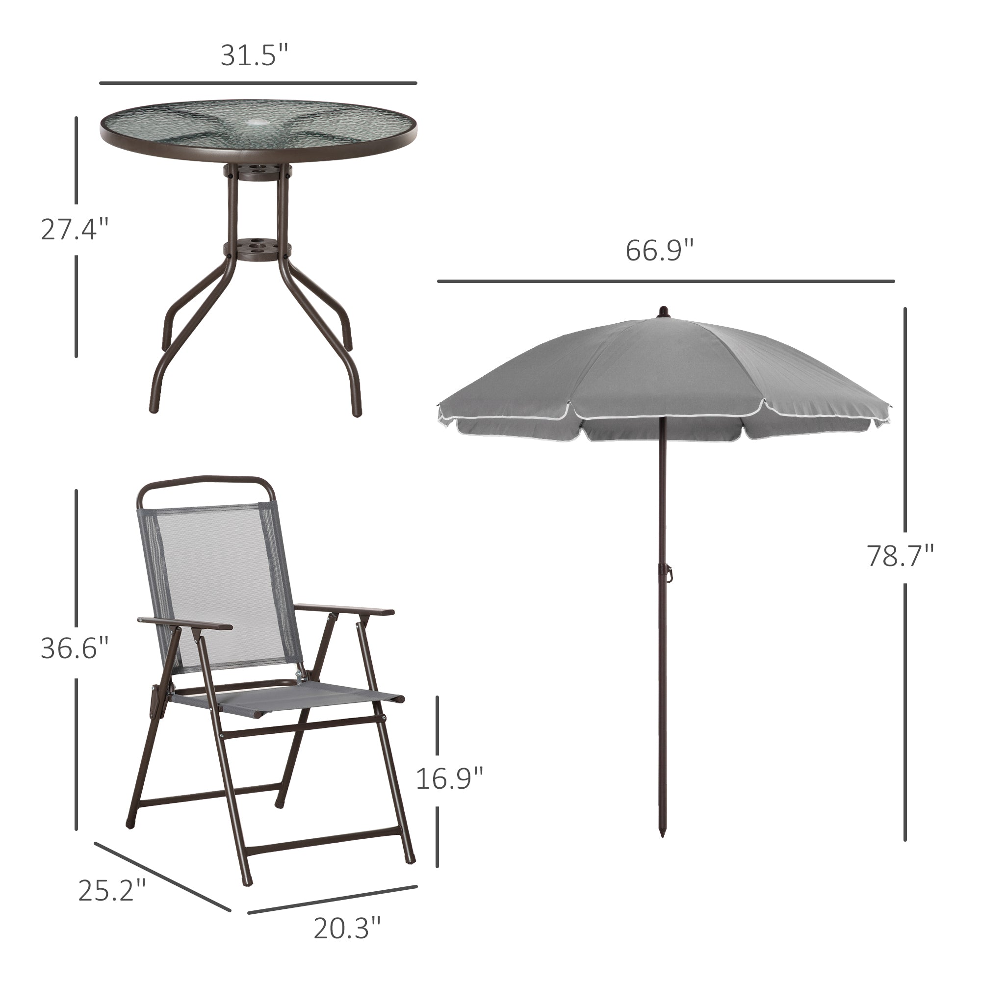 6 Piece Patio Dining Set for 4 with Umbrella, with 4 Folding Dining Chairs & Round Glass Table for Garden, Gray