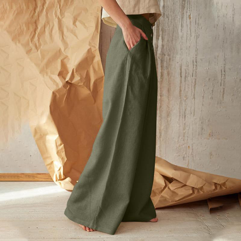 TrousersLadies' Solid High Waist Casual Button Cotton And Linen Wide Leg Trousers